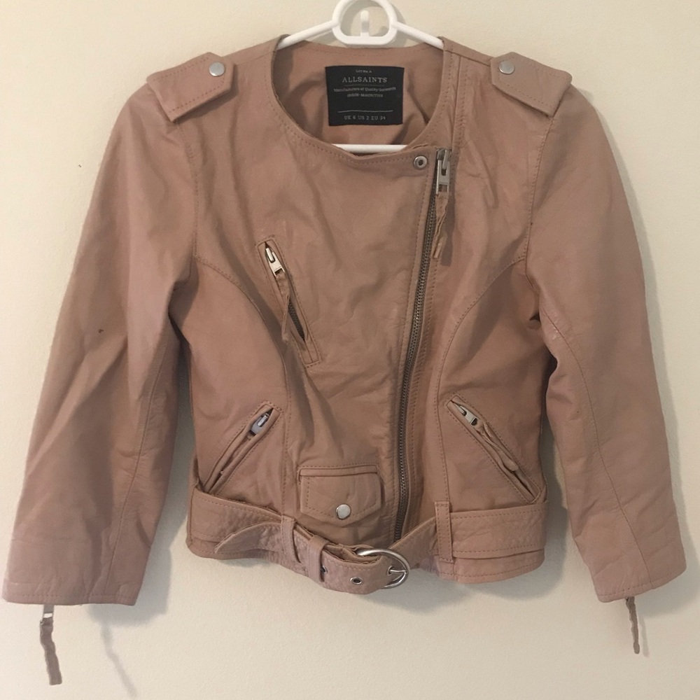 All Saints blush cropped leather jacket